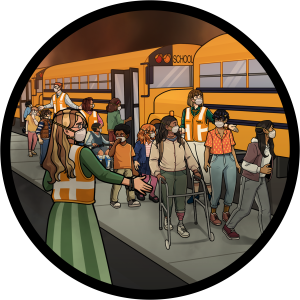 An illustration of teachers loading students onto buses.