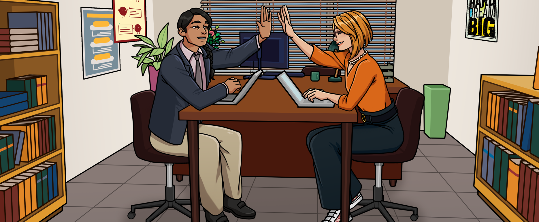 An illustration of two members of staff giving a high five.