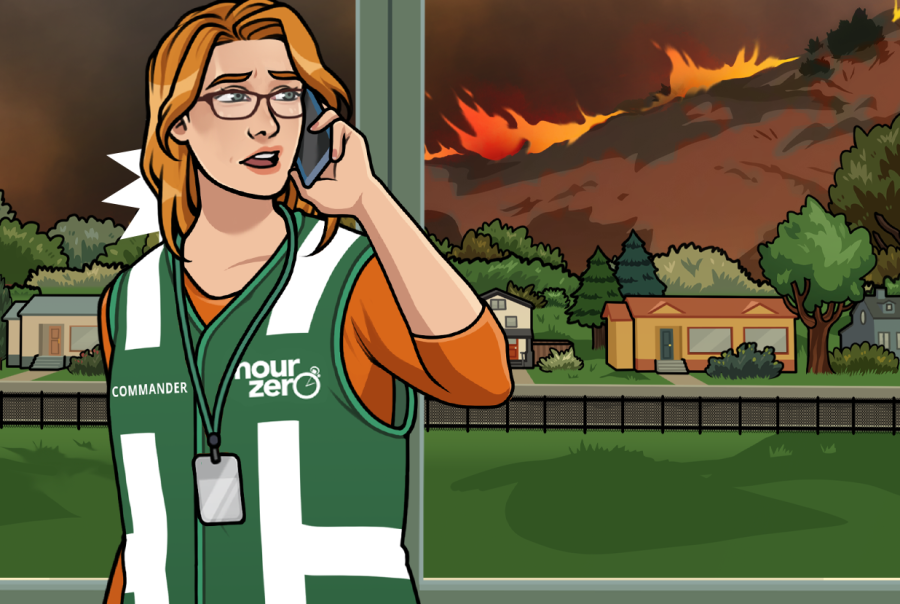 An illustration of a person on the phone reporting a wildfire.