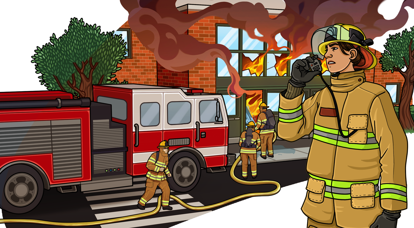 An illustration of firemen attending a blaze at a school.